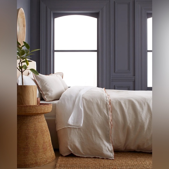 TWIN European Linen Double Embroidered Edge Duvet Cover in San with Terrcacotta - Picture 2 of 8